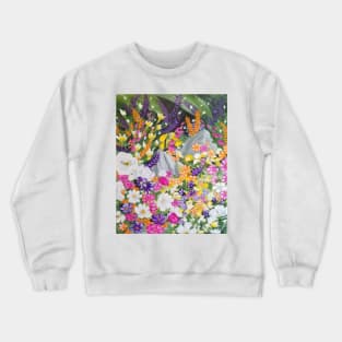 Flower and Garden, Floral Artwork, Bright Flowers Painting, Pink, Purple, White, and Orange Wild Flowers with dark background Crewneck Sweatshirt